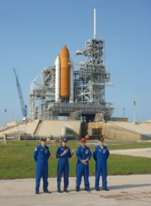 The crew of STS-135 visit launch pad 39-A at Kennedy Space Center in advance of the final mission of the Space Shuttle program.