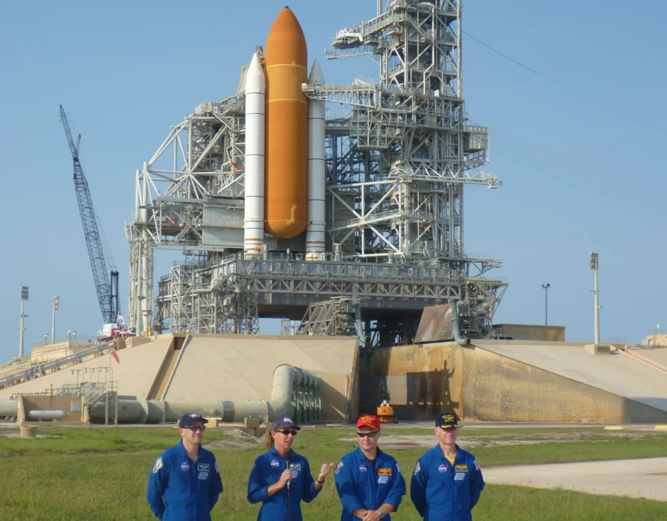 The crew of STS-135 visit launch pad 39-A at Kennedy Space Center in advance of the final mission of the Space Shuttle program.
